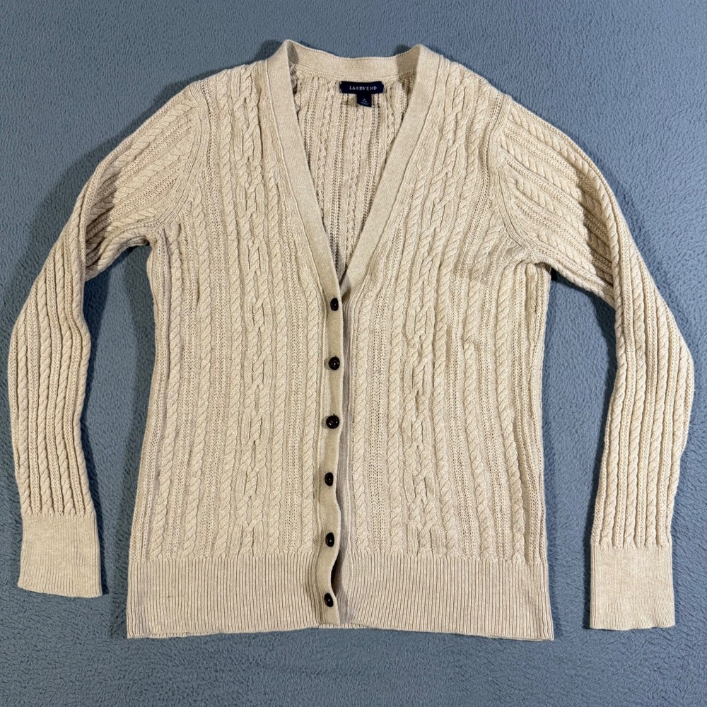 Lands' End Women's Cardigan Sweater Size Sm Cable Knit Beige Button Wool Blend